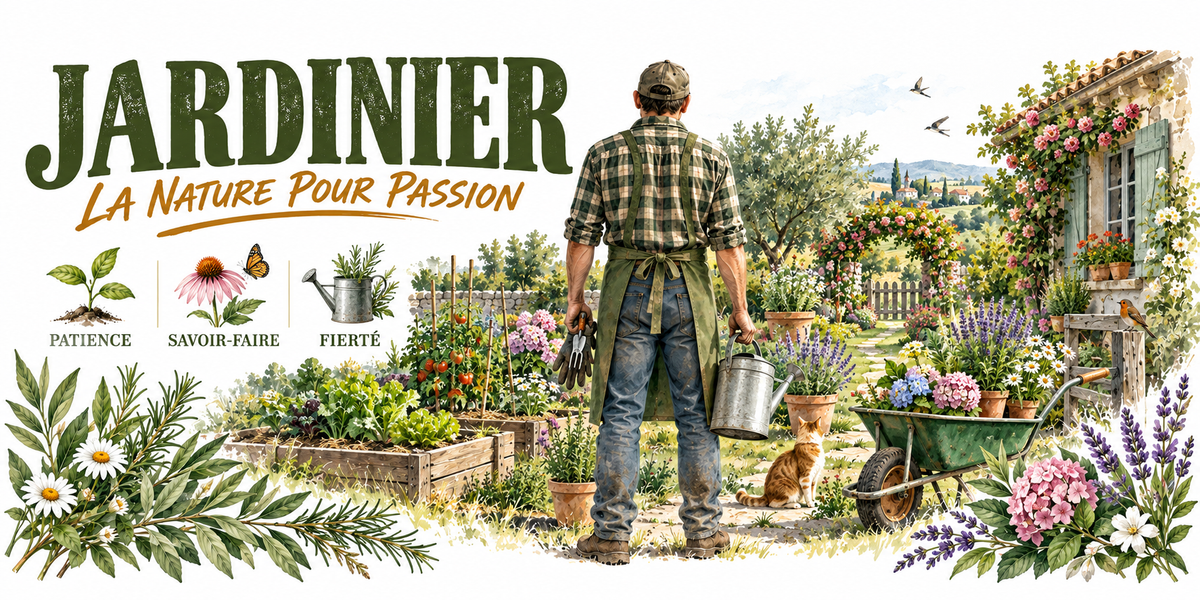 Aquarelle jardinier : le mot JARDINIER en capitales vert foncé et la mention manuscrite La Nature pour Passion, un jardinier en chemise à carreaux, tablier et casquette vu de dos, arrosoir en zinc à la main, carrés potagers surélevés, maison de pierre à volets et rosier grimpant, brouette verte, chat roux et papillon, massifs de lavande, trois vignettes — pousse patience, papillon savoir-faire, outils fierté — et une bordure de marguerites et de lavande