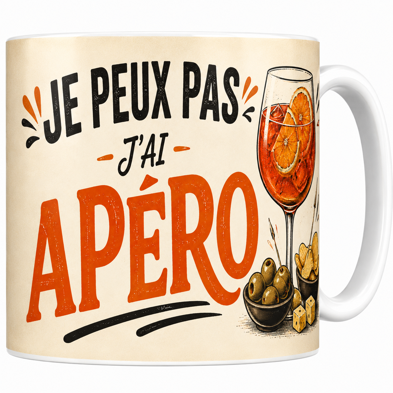 Mug Je peux pas j'ai apéro en céramique, spritz, olives et chips imprimés
