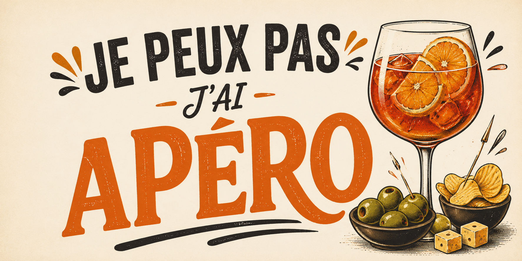 Visuel Je peux pas j'ai apéro : verre de spritz à l'orange, bol d'olives vertes, chips et cubes de fromage