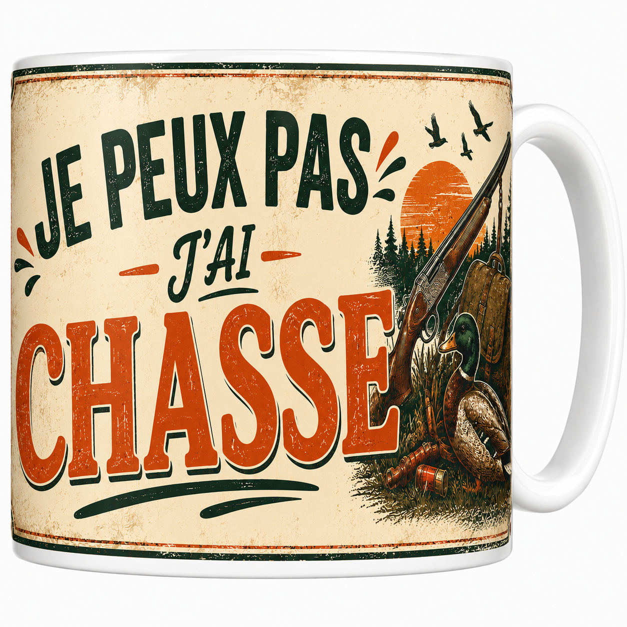 Mug Je peux pas j'ai chasse en céramique, fusil, canard colvert et sous-bois imprimés