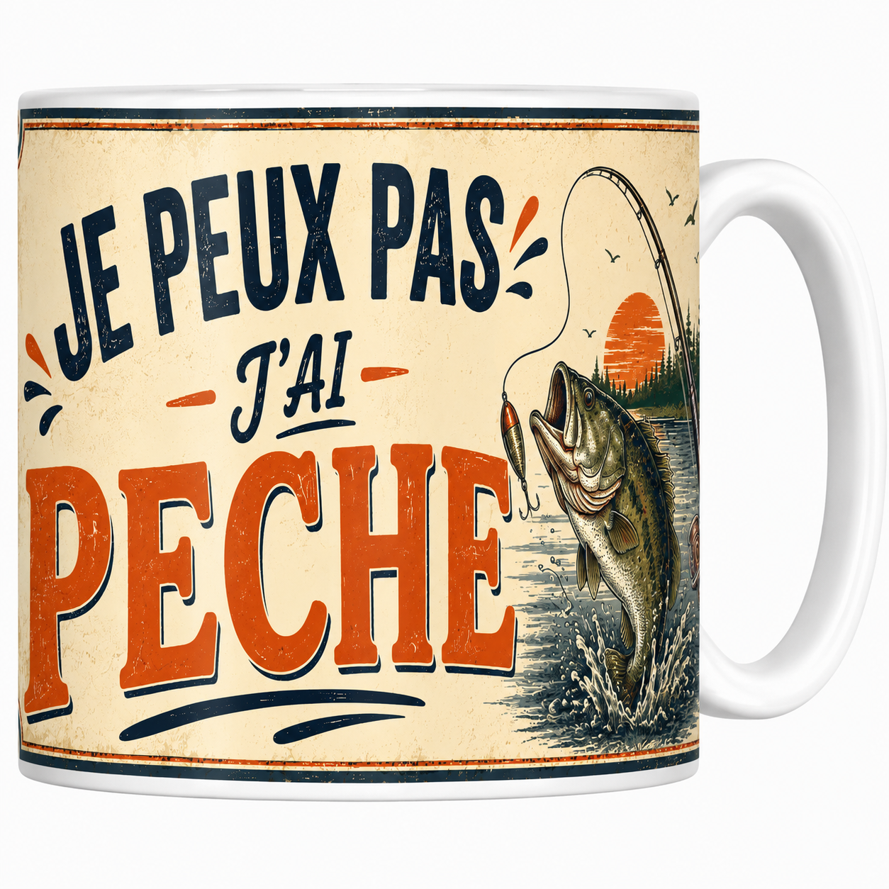 Mug Je peux pas j'ai pêche en céramique, canne à pêche et black-bass imprimés