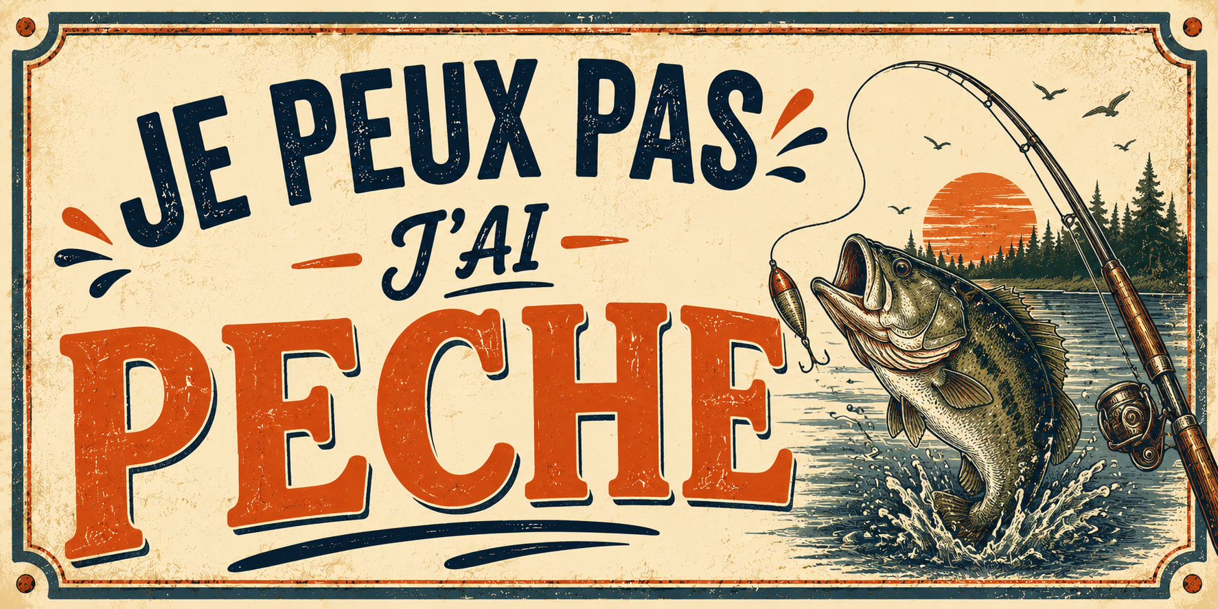 Visuel Je peux pas j'ai pêche : black-bass sortant de l'eau, canne, moulinet, leurre et lac au couchant