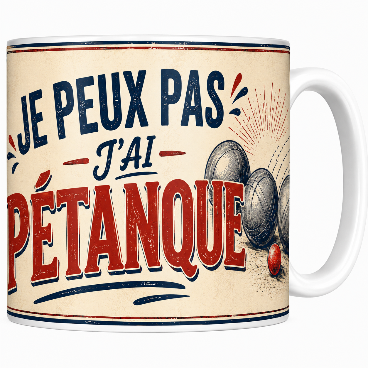 Mug Je peux pas j'ai pétanque en céramique, boules de pétanque et cochonnet imprimés