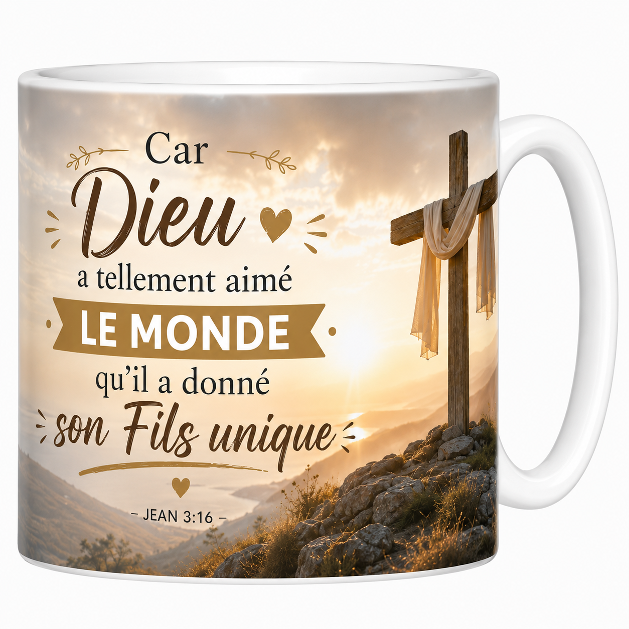 Mug Jean 3:16 330 ml, croix de bois drapée au lever du soleil sur la mer