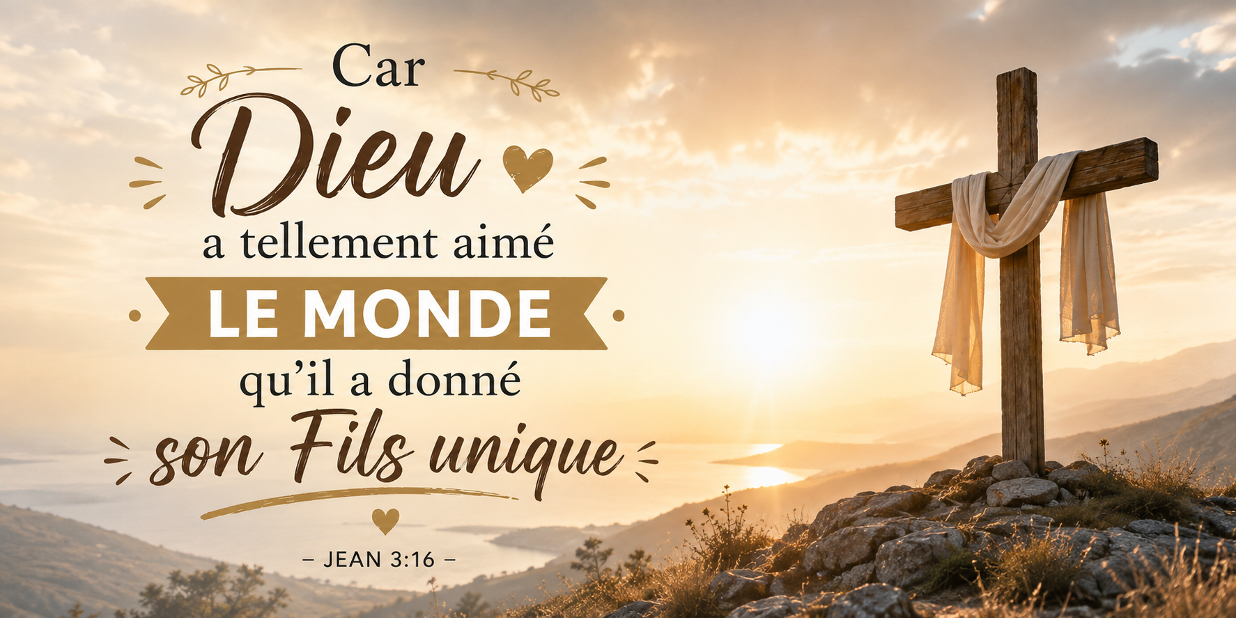 Visuel Jean 3:16 Car Dieu a tellement aimé le monde : croix drapée, colline et aube dorée sur la mer