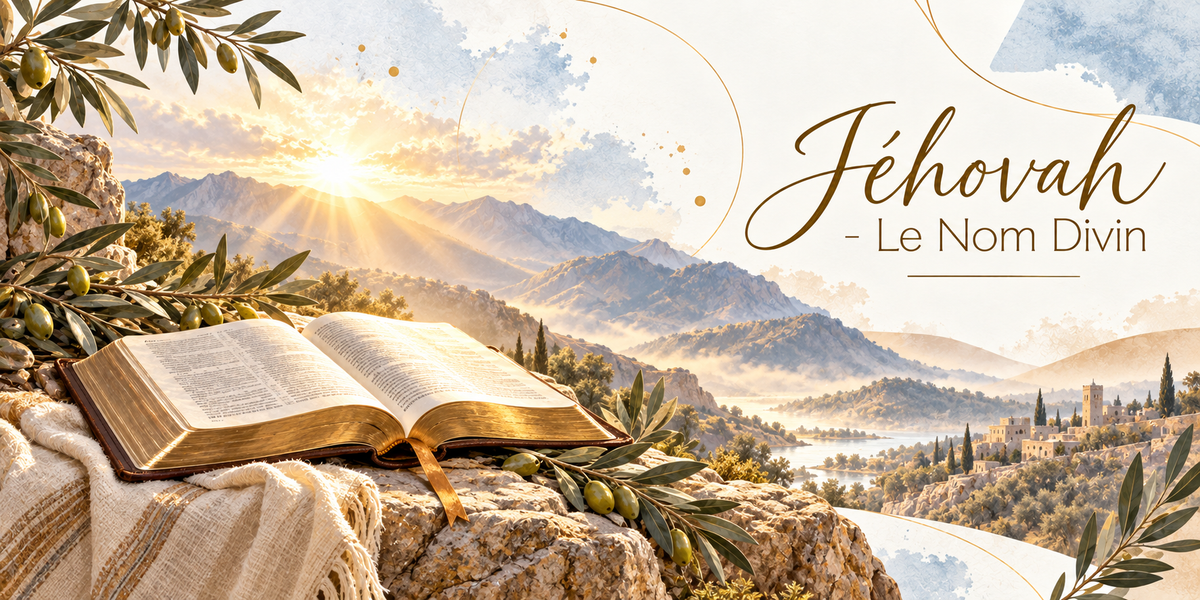 Visuel aquarellé du Nom divin, une grande bible ouverte à tranche dorée et marque-page de ruban posée sur un rocher clair, un tissu crème à franges glissé dessous, des rameaux d'olivier chargés d'olives vertes en bordure, le soleil levant qui déchire la brume sur les montagnes, une vallée avec sa rivière, ses cyprès et un village de pierre claire à l'horizon, et le titre Jéhovah - Le Nom Divin en lettres dorées