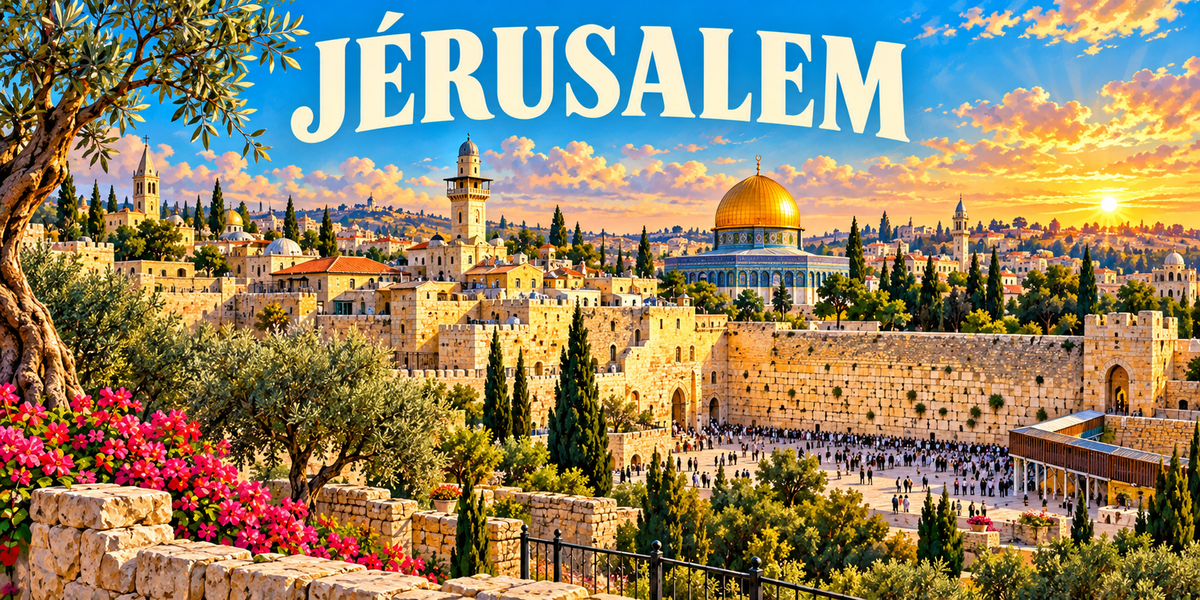 Visuel « JÉRUSALEM » : coupole dorée du Dôme du Rocher, esplanade, murailles de pierre et cyprès