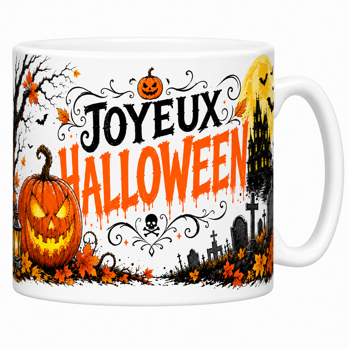 Mug céramique blanc « Joyeux Halloween » : lettrage noir et orange dégoulinant, citrouille et manoir hanté