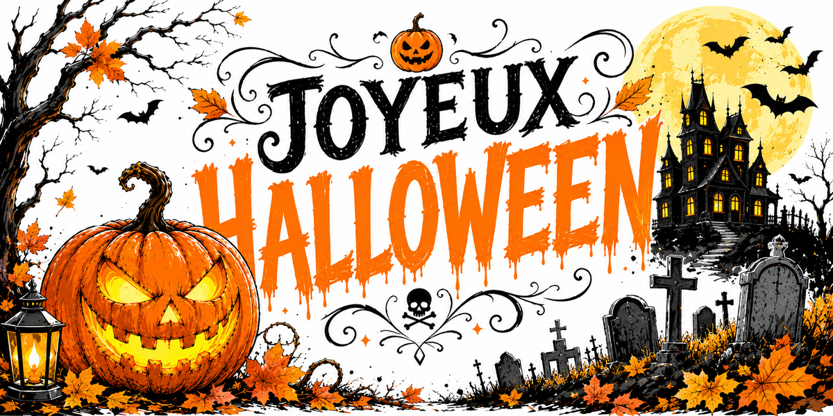 Design du mug Joyeux Halloween : texte orange sanglant, jack-o'-lantern, cimetière et chauves-souris