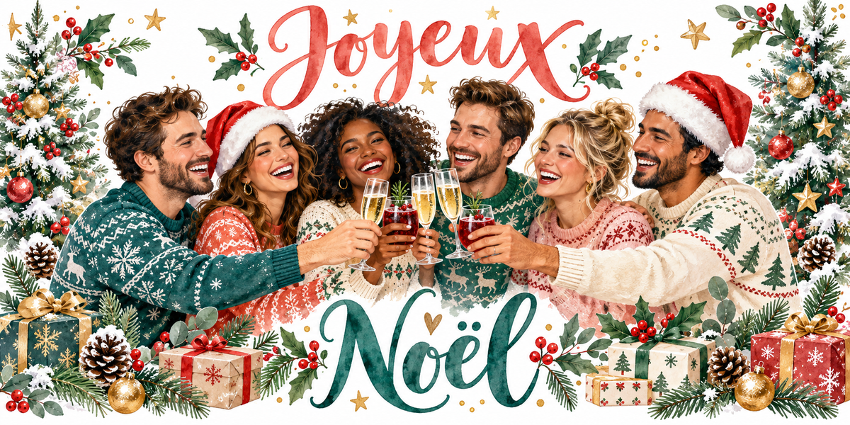 Illustration aquarelle de six amis adultes en pulls de Noël et bonnets rouges qui rient en levant leurs coupes, entourés de sapins décorés, de cadeaux, de pommes de pin et de houx, lettrage Joyeux Noël