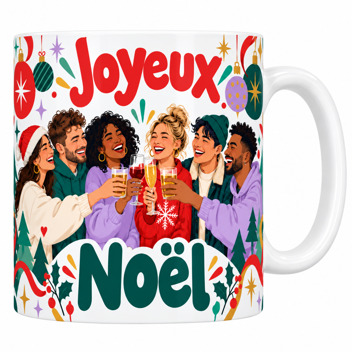 Mug blanc céramique imprimé d'une bande de six amis en sweats lilas, vert et rouge qui trinquent, grand lettrage Joyeux Noël rouge et vert