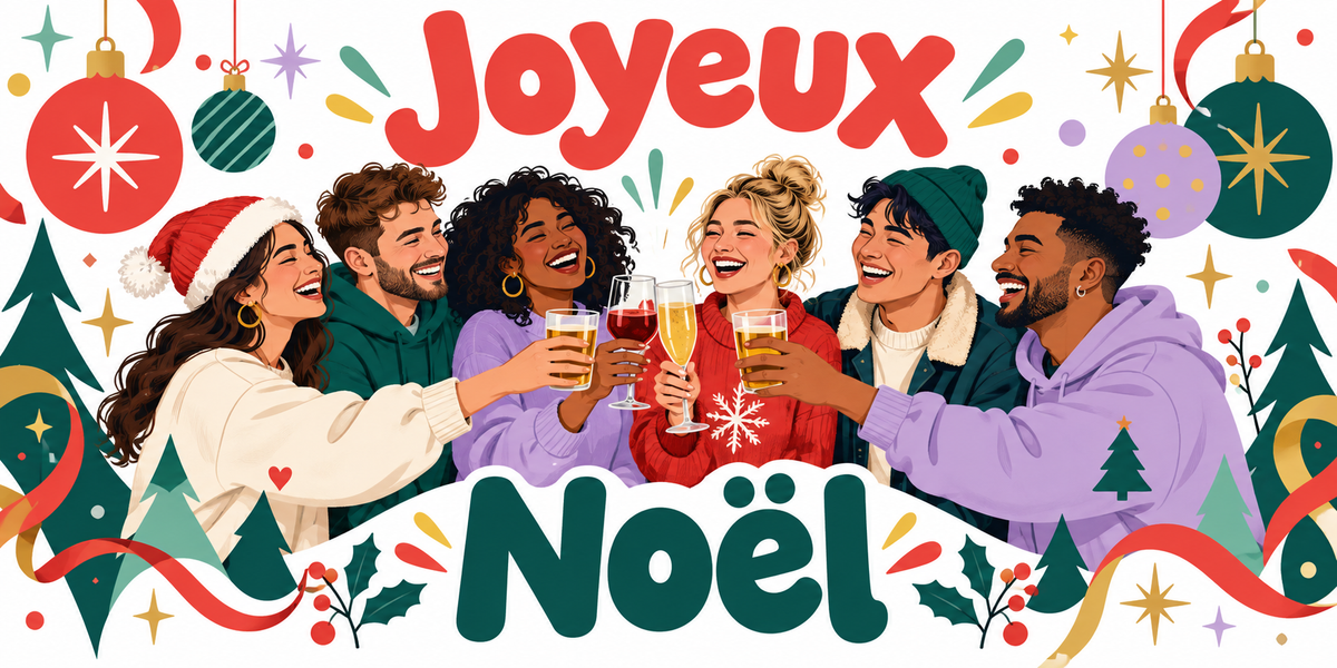 Illustration graphique moderne de six amis souriants qui trinquent avec bière, vin et champagne, boules de Noël stylisées, sapins géométriques, rubans et étoiles, lettrage Joyeux Noël rouge et vert sapin