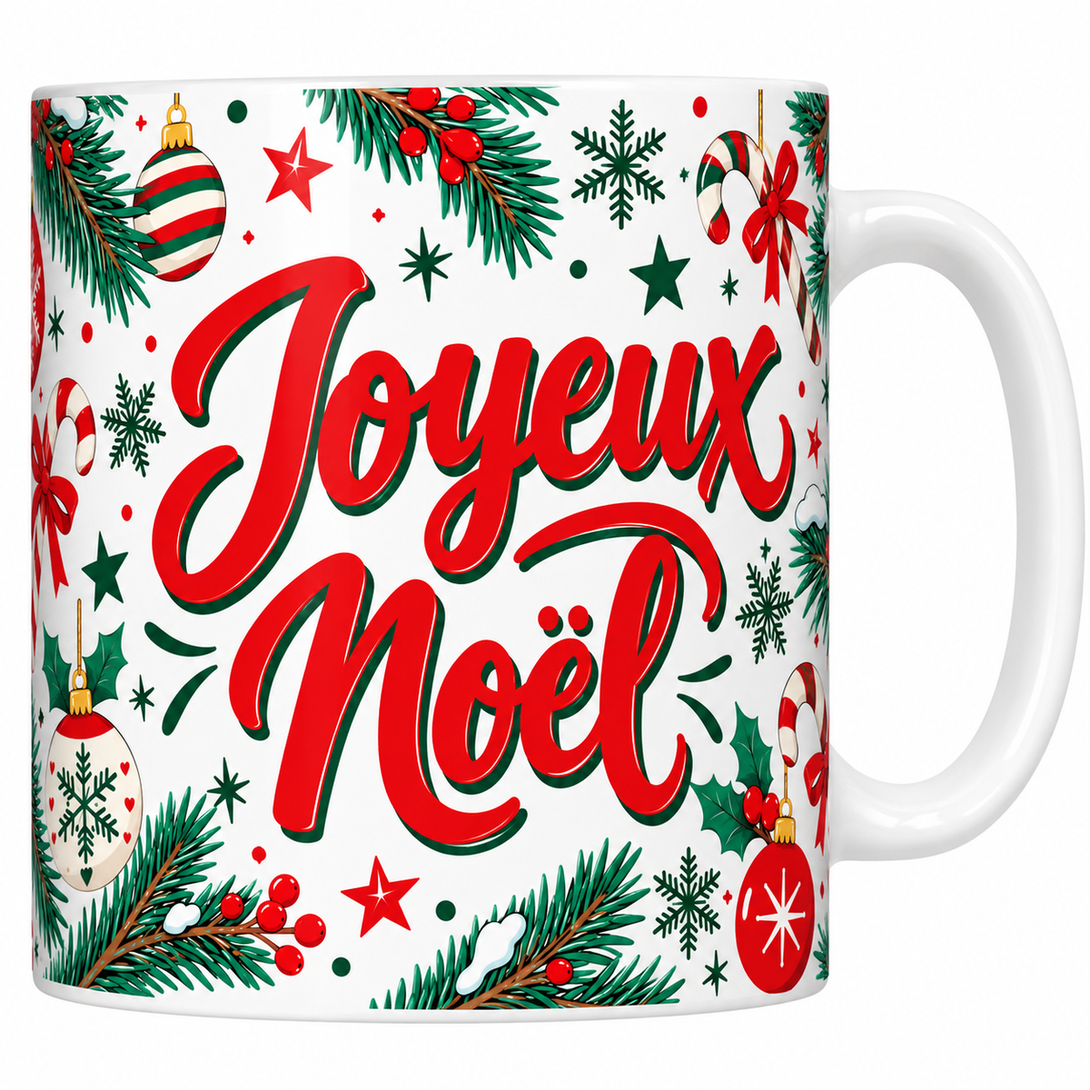 Mug blanc céramique imprimé d'un grand lettrage calligraphié Joyeux Noël rouge ombré de vert, entouré de branches de sapin, boules et sucres d'orge