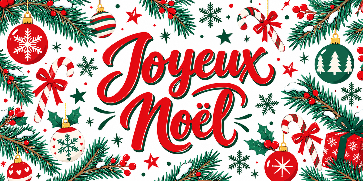 Visuel à plat sur fond blanc d'un lettrage calligraphié Joyeux Noël rouge vif ombré de vert sapin, entouré de branches de sapin, baies de houx, boules de Noël rouges et vertes, sucres d'orge à nœud rouge, flocons et étoiles