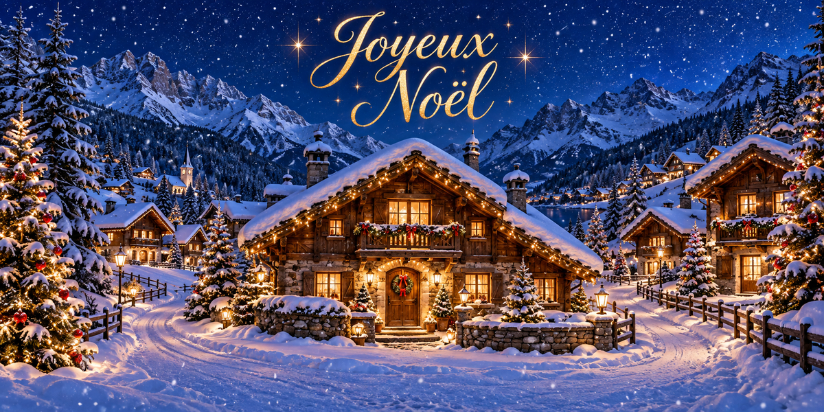 Panorama nocturne d'un village de montagne aux chalets en bois couverts de neige et éclairés de guirlandes dorées, couronne sur la porte, sapins illuminés, sommets enneigés et ciel bleu nuit étoilé, lettrage calligraphié doré Joyeux Noël