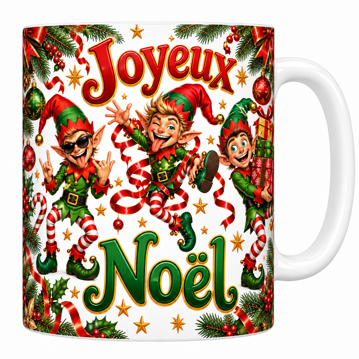Mug blanc céramique imprimé de trois lutins déjantés, l'un en lunettes noires faisant le signe rock, l'autre en plein saut, le troisième chargé de cadeaux, lettrage Joyeux Noël