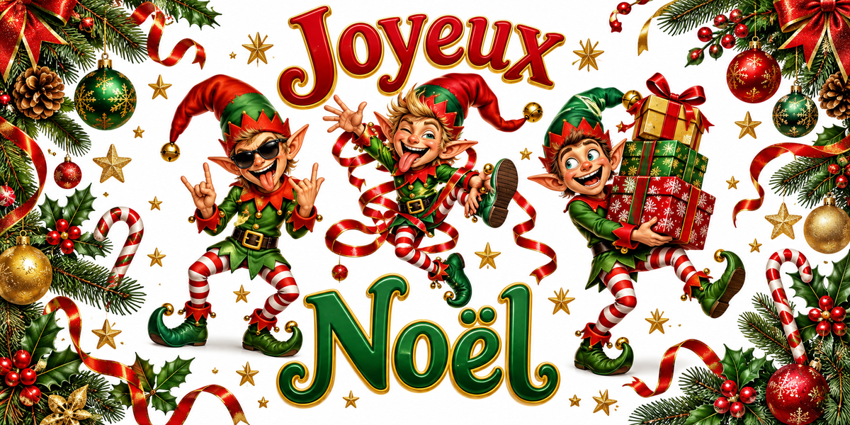 Illustration cartoon de trois lutins en tenue verte et rouge et collants rayés : un lutin en lunettes de soleil qui fait les cornes du rock, un lutin qui saute en tirant la langue entortillé dans un ruban, un lutin hilare qui porte une pile de cadeaux, encadrés de sapin, houx, boules, sucres d'orge et étoiles dorées, lettrage Joyeux Noël