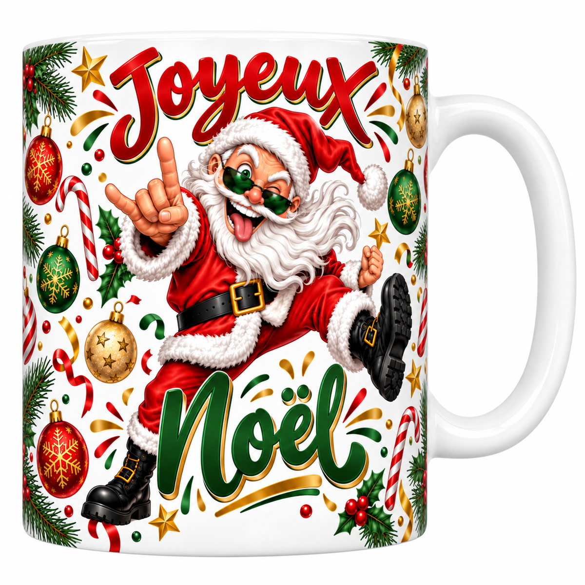 Mug blanc céramique imprimé d'un Père Noël déjanté en lunettes noires et rangers qui saute en faisant les cornes du rock, lettrage Joyeux Noël rouge et vert