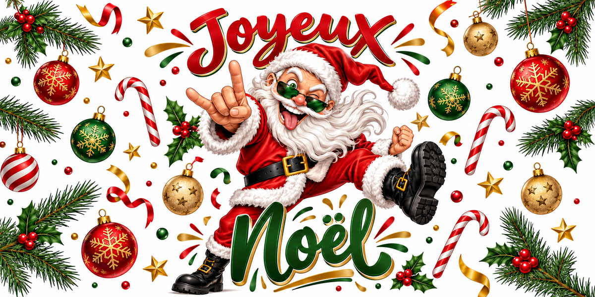 Illustration cartoon d'un Père Noël en lunettes de soleil vertes qui fait un clin d'œil, tire la langue et fait les cornes du rock en sautant, rangers noires aux pieds, entouré de boules de Noël rouges, vertes et dorées, sucres d'orge, branches de sapin, houx, étoiles et serpentins, lettrage Joyeux Noël rouge et vert sapin