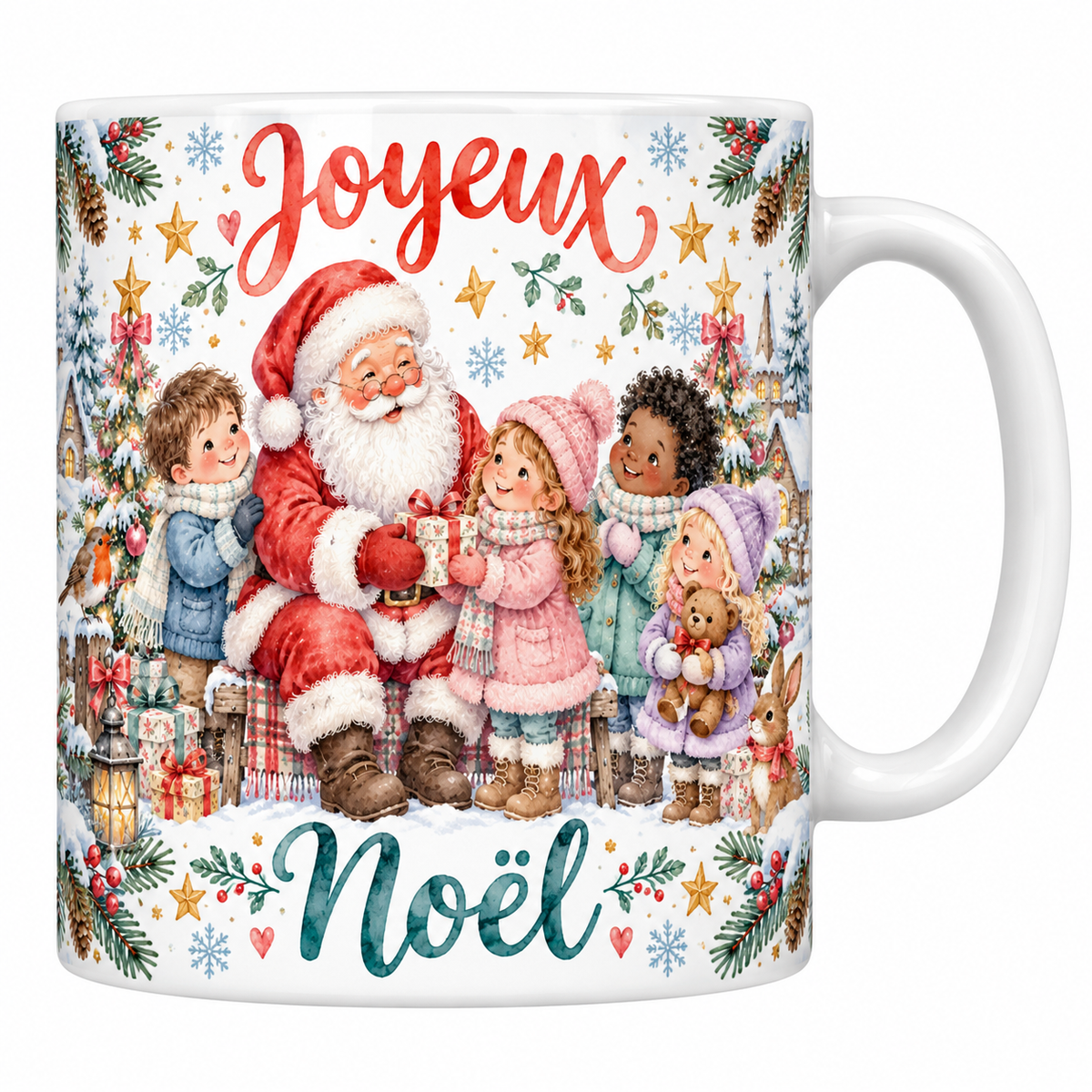 Mug blanc céramique imprimé d'un Père Noël aquarelle assis sur un banc qui offre un cadeau à des enfants emmitouflés dans la neige, lettrage Joyeux Noël