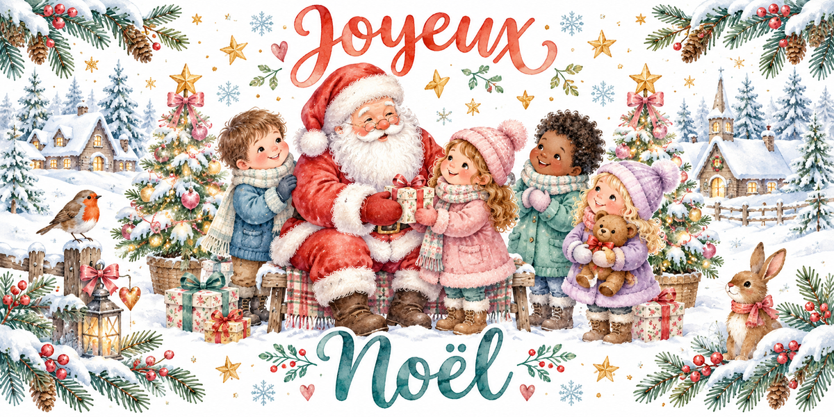 Illustration aquarelle d'un Père Noël souriant assis sur un banc en bois qui tend un cadeau à une petite fille en bonnet rose, entouré de quatre enfants en manteaux d'hiver, d'un ourson, d'un rouge-gorge, d'un lapin, d'une lanterne, de sapins décorés et d'un village enneigé avec son église, lettrage Joyeux Noël