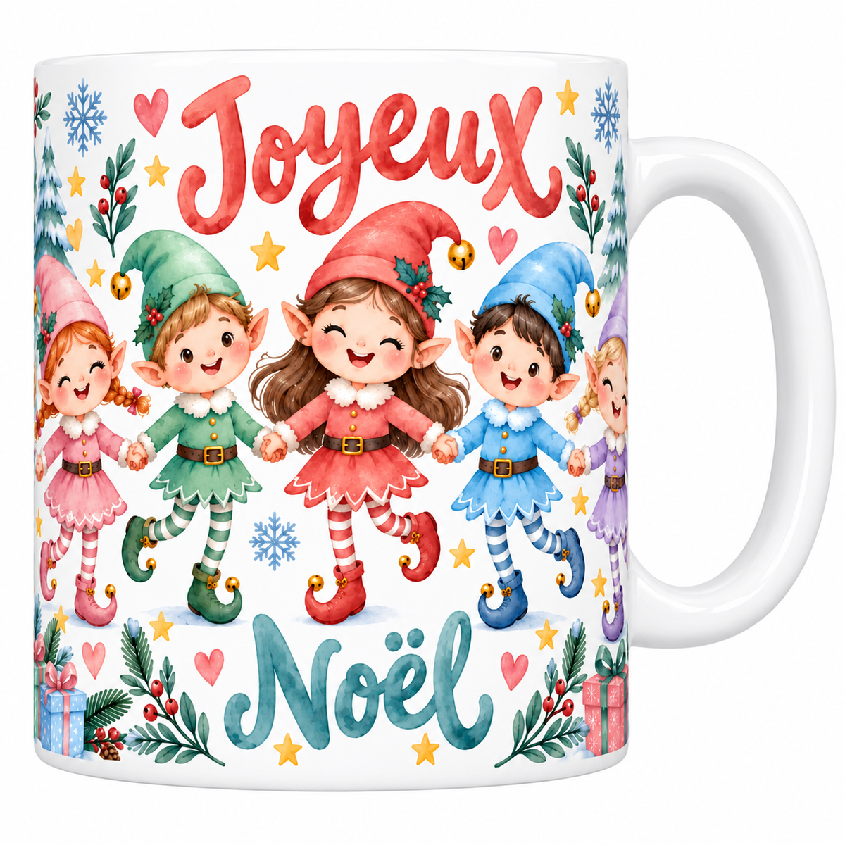 Mug blanc céramique imprimé de sept petits lutins aquarelle aux bonnets pastel qui se tiennent la main, lettrage Joyeux Noël rose et bleu