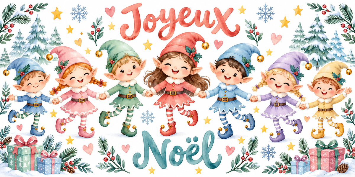 Illustration aquarelle pour enfants de sept lutins souriants aux bonnets et tenues pastel bleu, rose, vert, rouge, lilas et jaune qui dansent en se tenant la main, sapins enneigés, flocons, étoiles, cœurs et cadeaux, lettrage Joyeux Noël