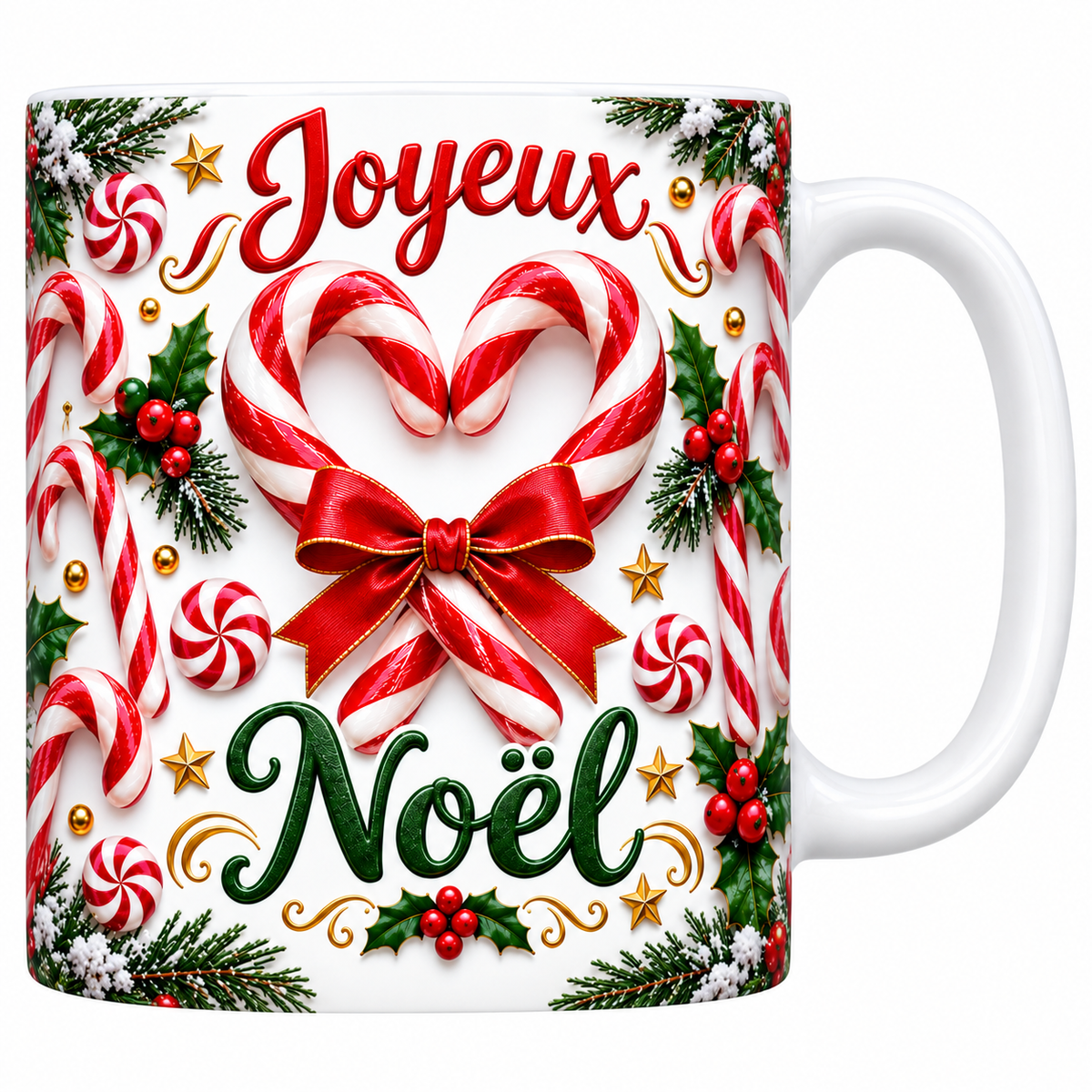 Mug blanc céramique imprimé de sucres d'orge rouges et blancs formant un cœur noué d'un ruban rouge, bonbons à la menthe et houx, lettrage Joyeux Noël