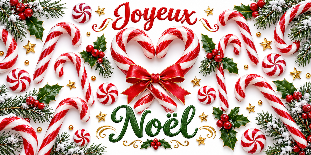 Visuel de deux sucres d'orge rouges et blancs formant un cœur noué d'un grand ruban rouge, entourés d'autres cannes de Noël, de bonbons tourbillon à la menthe, de branches de sapin enneigées, de houx et d'étoiles dorées, lettrage Joyeux Noël rouge et vert