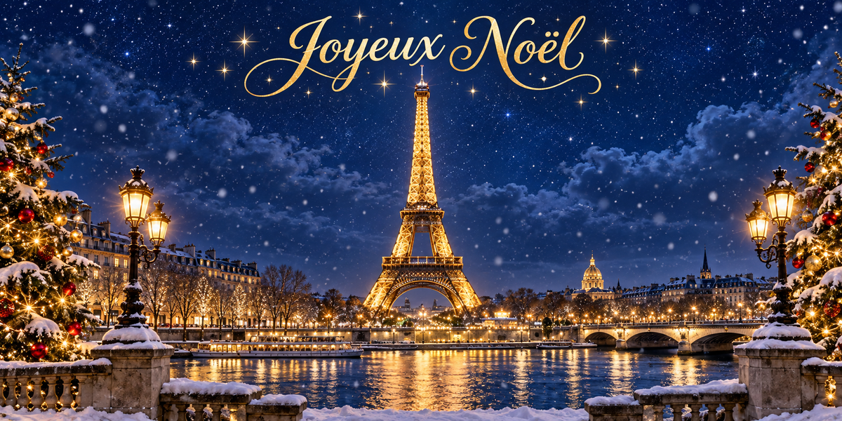 Panorama nocturne de Paris en hiver avec la tour Eiffel illuminée dorée, la Seine qui reflète les lumières, un pont, le dôme des Invalides, des réverbères et des sapins décorés sur des balustrades enneigées, ciel bleu nuit étoilé et flocons, lettrage calligraphié doré Joyeux Noël