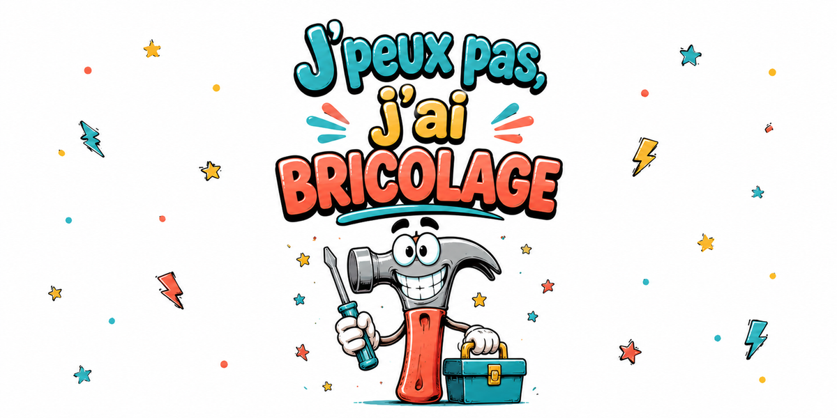 Visuel « J'peux pas, j'ai bricolage » : marteau souriant, clé plate et caisse à outils turquoise