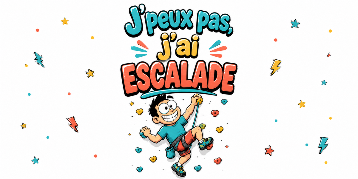 Visuel « J'peux pas, j'ai escalade » : grimpeur en baudrier, corde et prises colorées