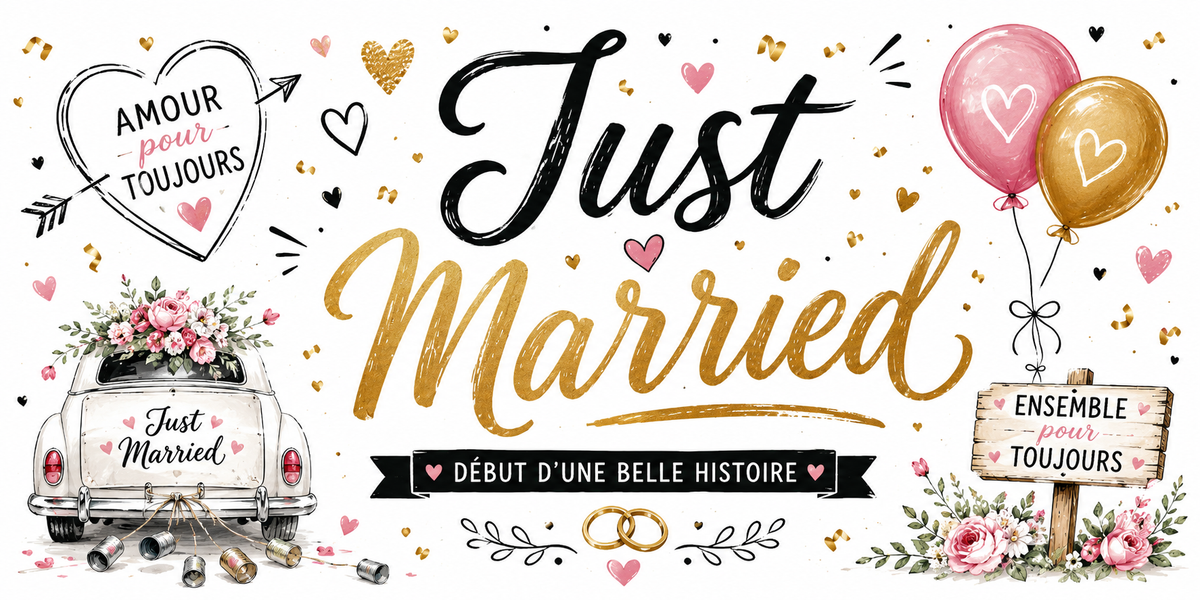 Design du mug Just Married : « Amour pour toujours », « Ensemble pour toujours » et alliances dorées