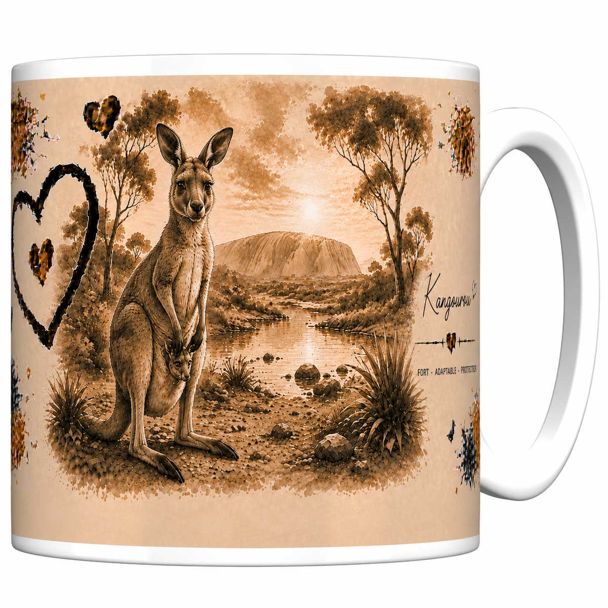 Mug céramique blanc Kangourou « Fort, adaptable, protecteur » : outback australien en sépia, grand cœur