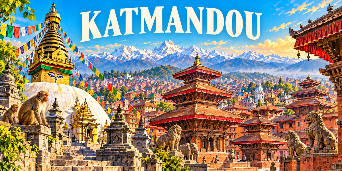 Illustration affiche vintage Katmandou : stûpa de Bodhnath aux yeux peints, drapeaux de prière, pagodes à étages, lions de pierre et sommets himalayens