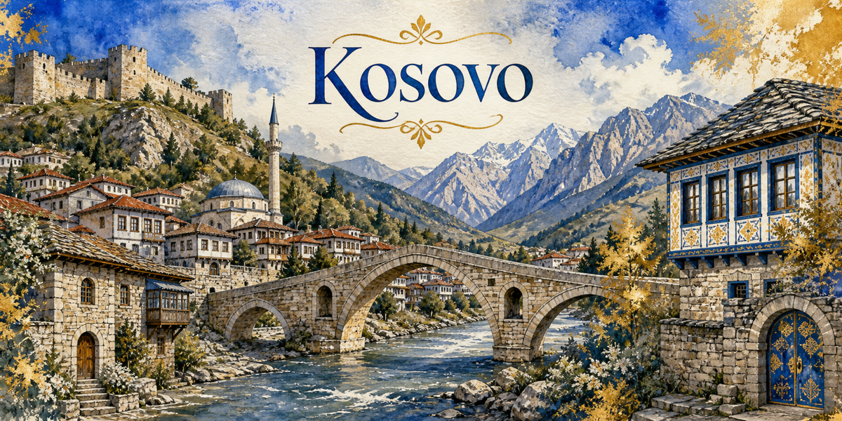 Visuel Kosovo aquarelle : pont de pierre en arc, balcons de bois des kullas, minaret et cimes enneigées