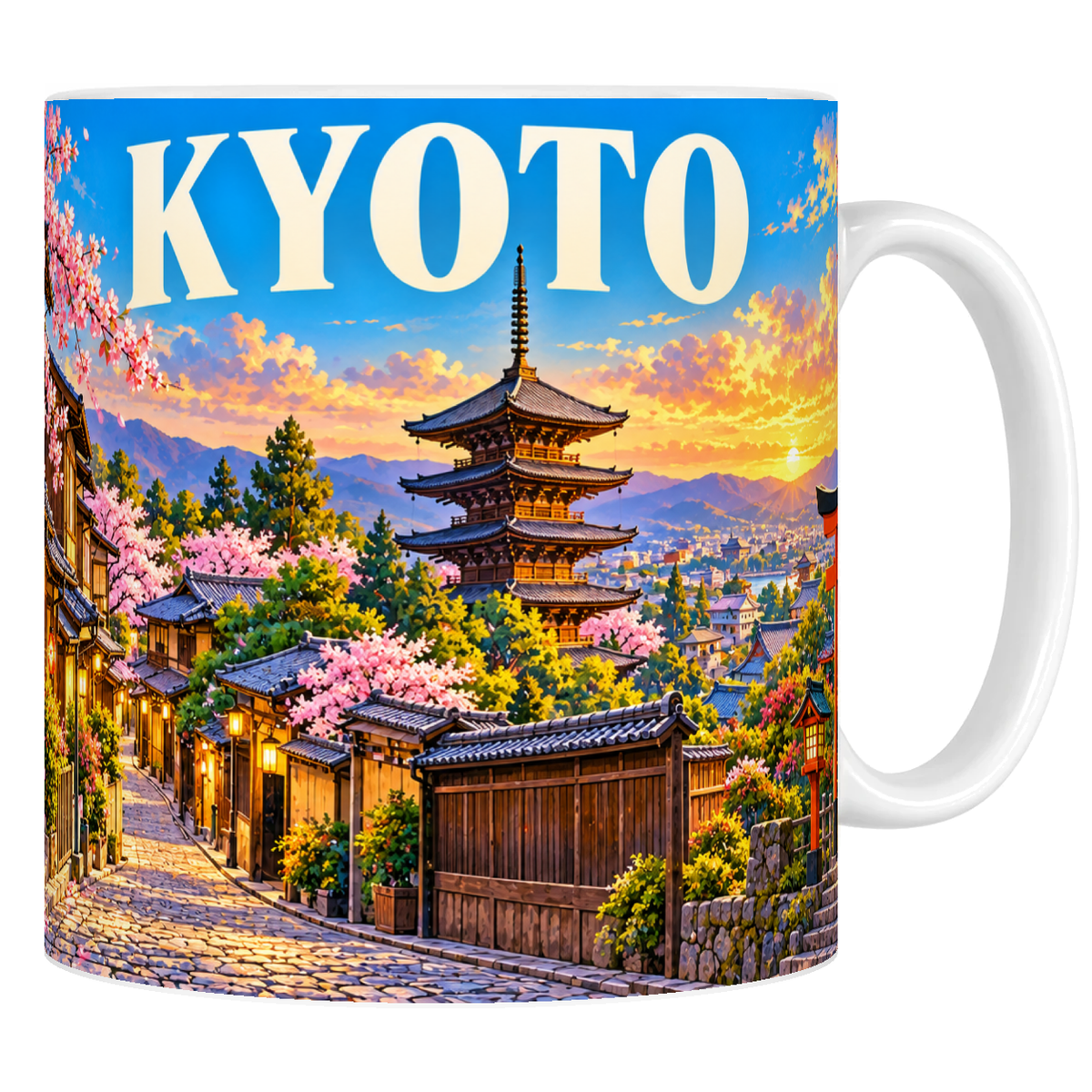 Mug céramique 330 ml « KYOTO » : pagode Yasaka, torii vermillon et cerisiers en fleur