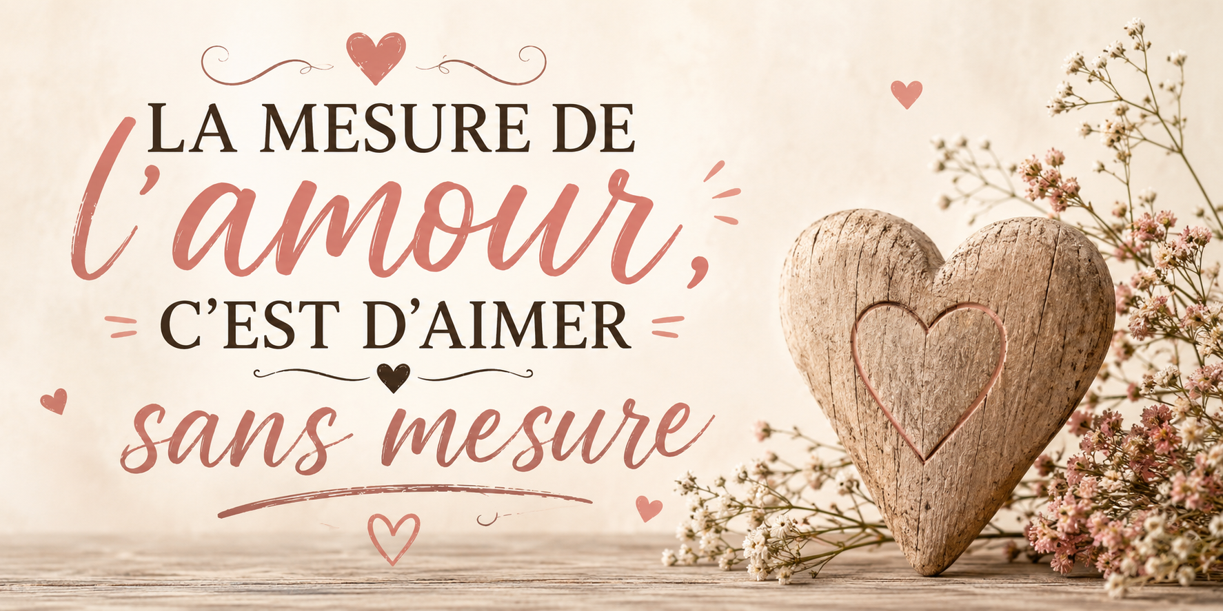 Visuel La mesure de l'amour c'est d'aimer sans mesure : cœur en bois gravé et fleurs séchées rosées