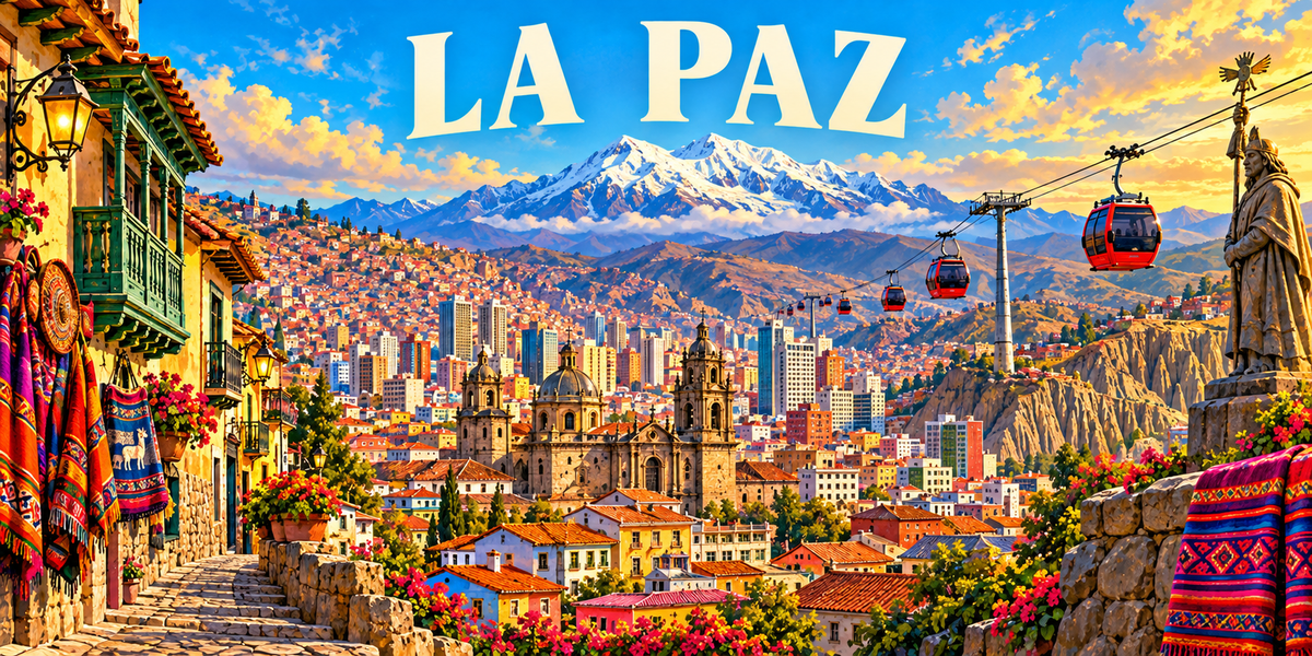 Illustration affiche vintage La Paz : cabines du téléphérique, ville étagée dans le canyon, cathédrale coloniale, textiles aguayo et Illimani enneigé