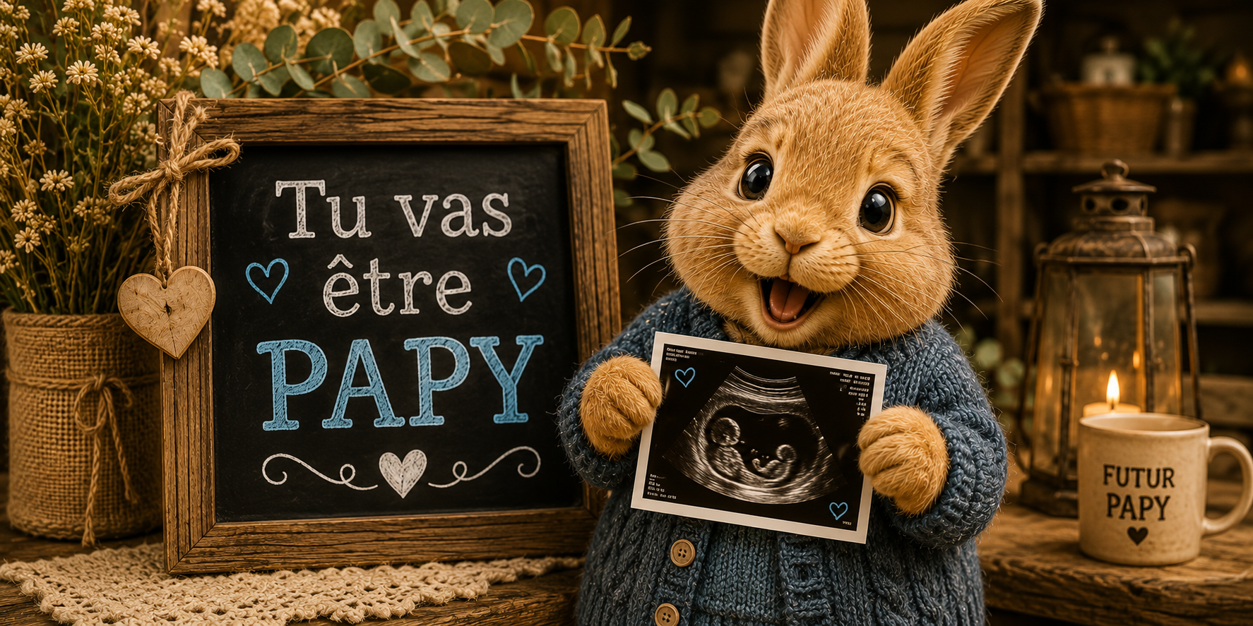 Visuel lapin en gilet brandissant l'échographie, ardoise Tu vas être Papy et fleurs des champs