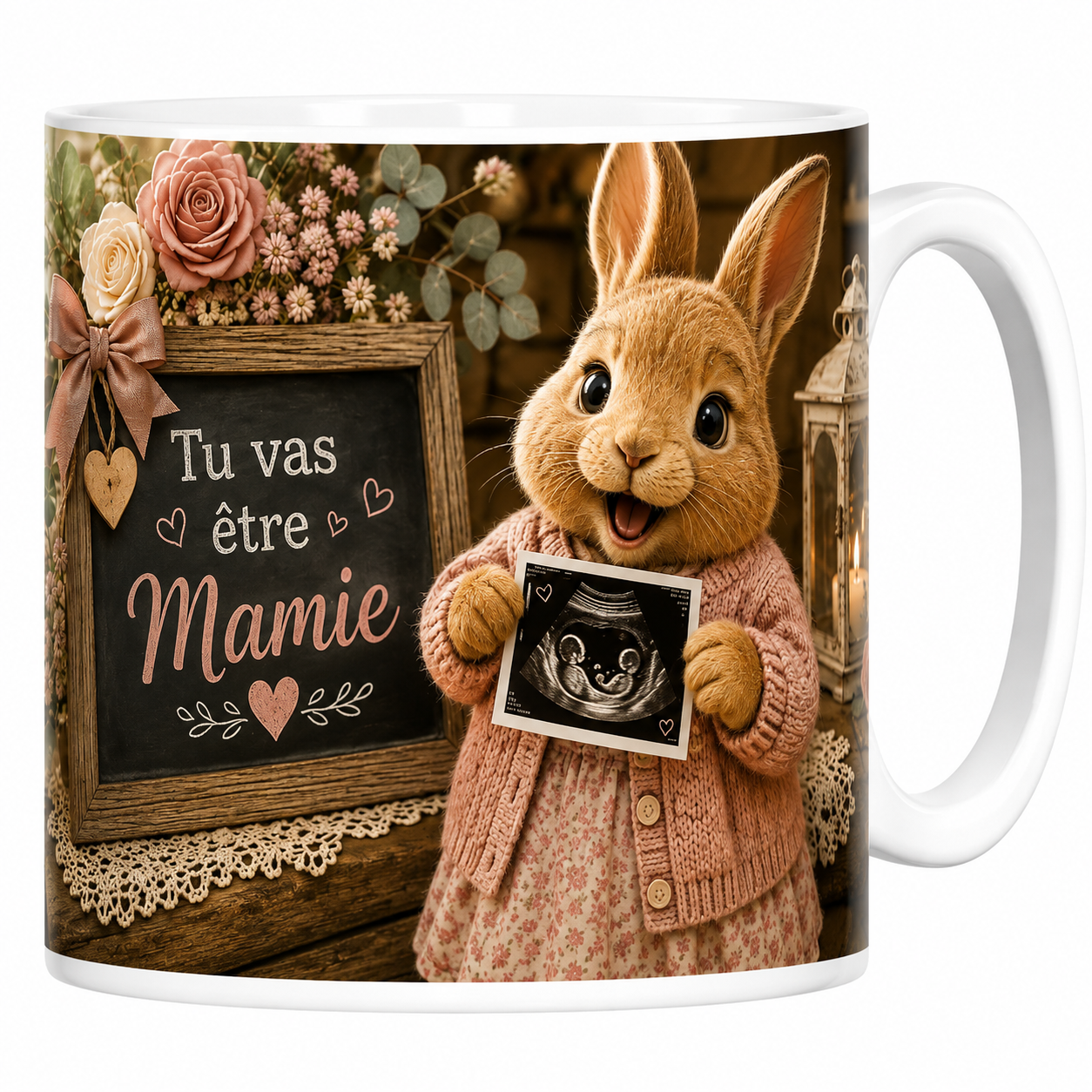 Mug lapine Tu vas être Mamie en céramique blanche, échographie tendue et ardoise fleurie