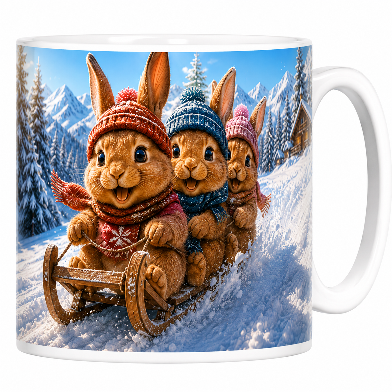 Mug lapins en luge en céramique blanche, trio en bonnets dévalant la neige entre les sapins