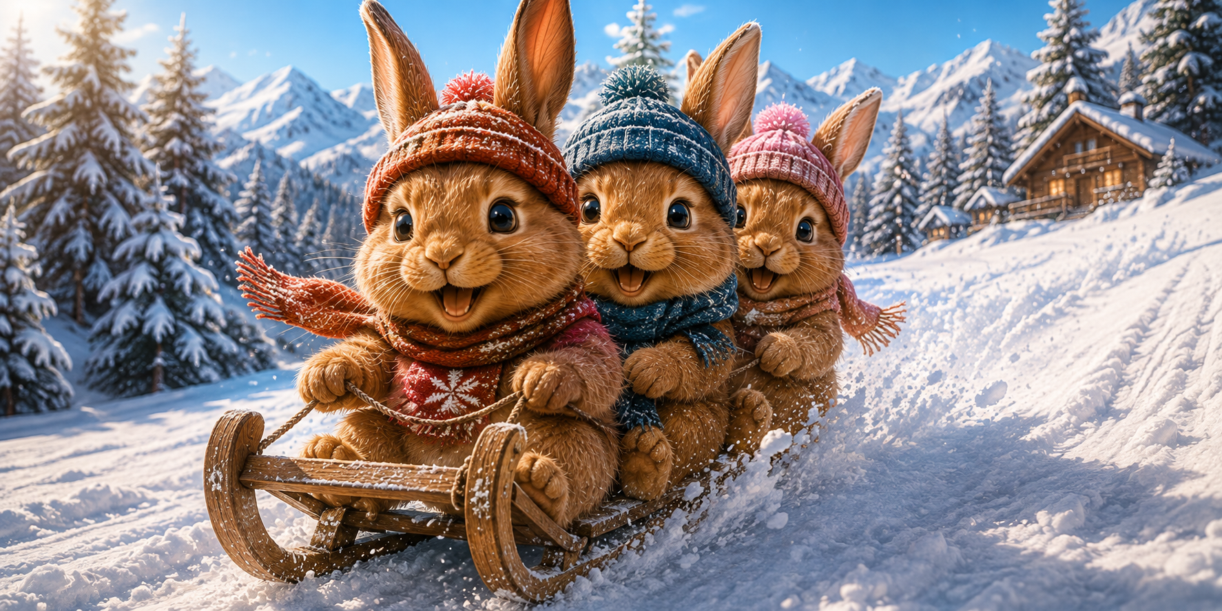 Visuel lapins en luge : trois lapins bonnets et écharpes sur luge en bois, chalet et montagnes enneigées
