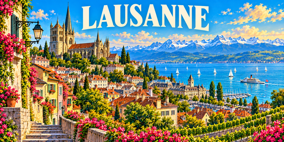 Illustration affiche vintage Lausanne : cathédrale sur sa colline, ruelle en escalier, vignes, lac Léman, voiliers, bateau à vapeur et Alpes
