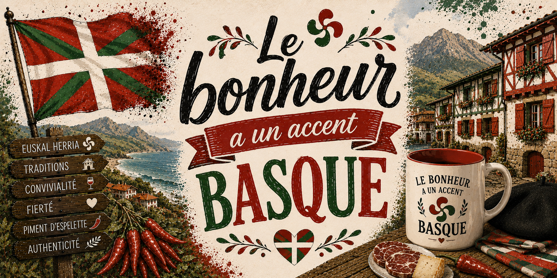 Visuel Le bonheur a un accent basque : montagne, maisons labourdines, piment, charcuterie et béret