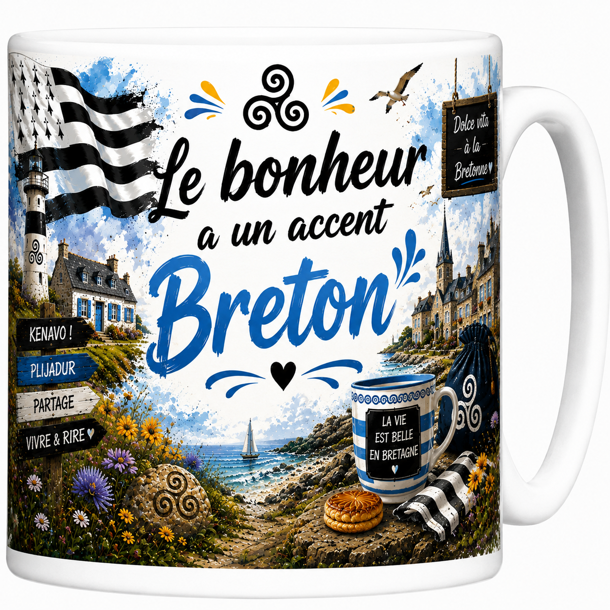 Mug Le bonheur a un accent breton en céramique, phare, maison bretonne et bol à triskell