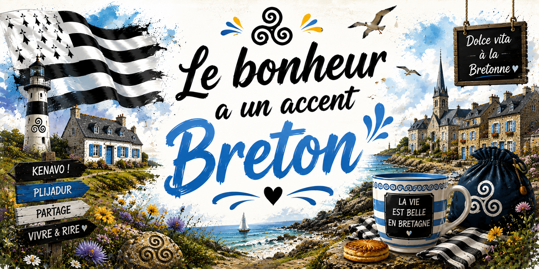 Visuel Le bonheur a un accent breton : Kenavo, Plijadur, bol La vie est belle en Bretagne et galette