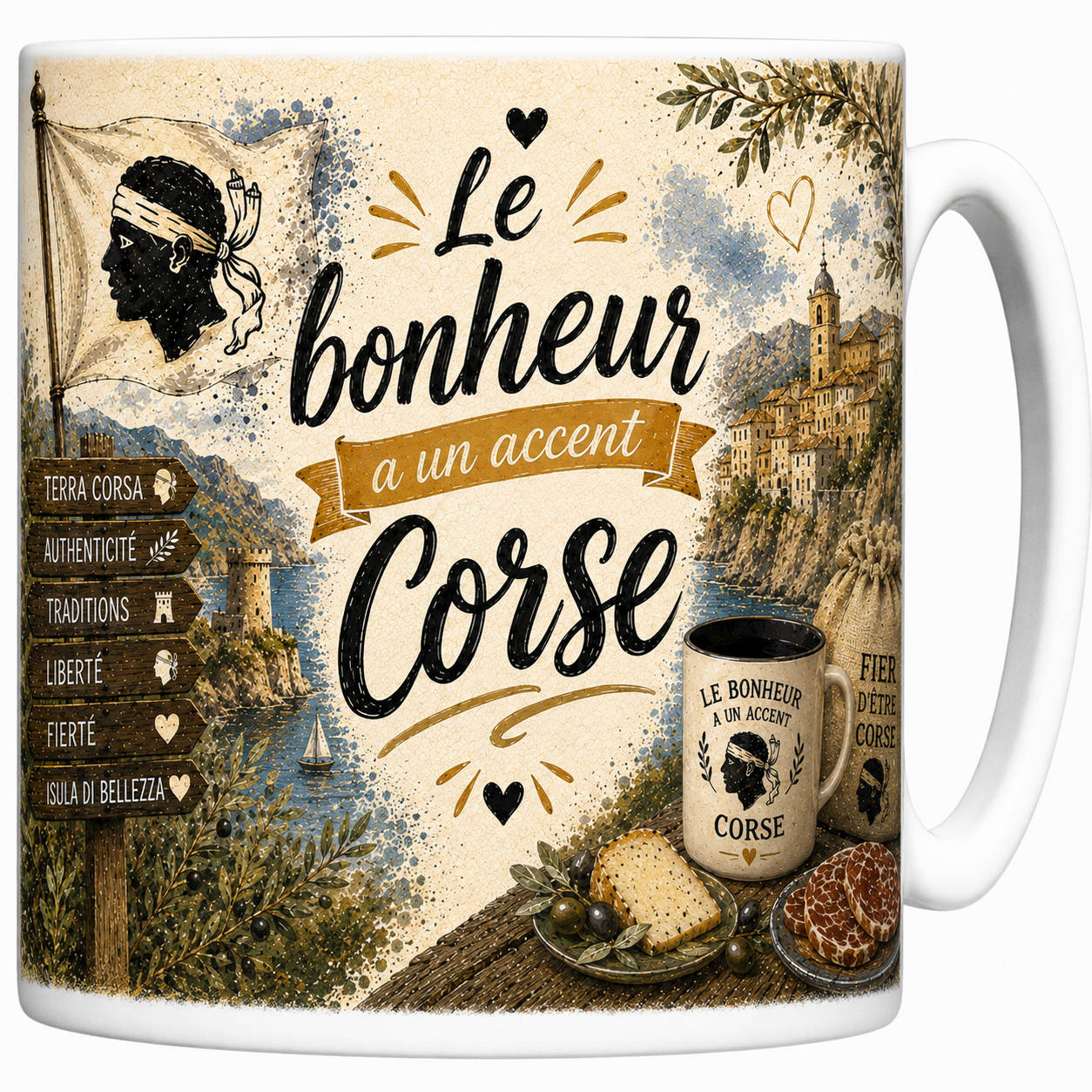 Mug Le bonheur a un accent corse en céramique, tête de Maure, village perché et olivier