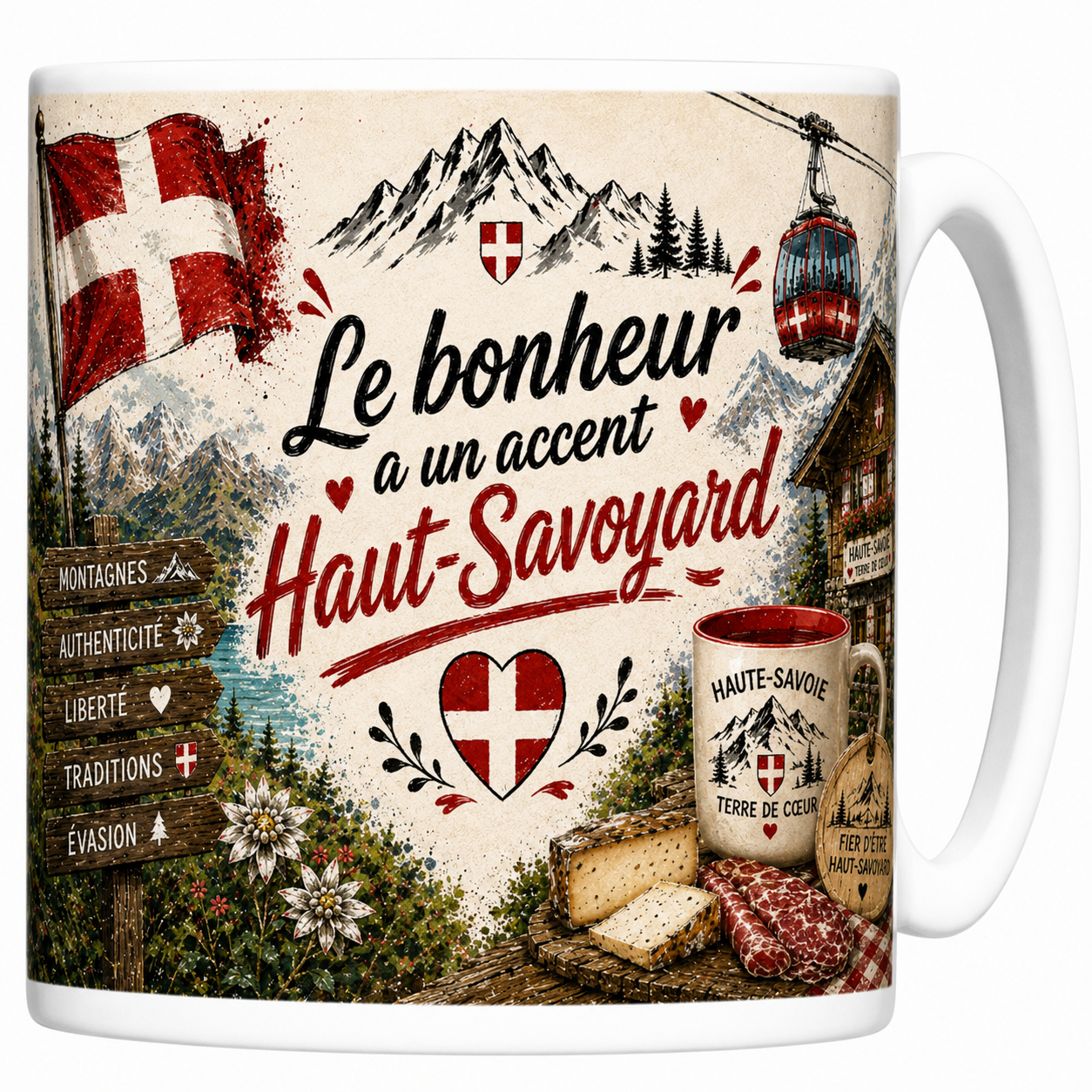 Mug Le bonheur a un accent haut-savoyard en céramique, croix de Savoie, chalet et lac alpin