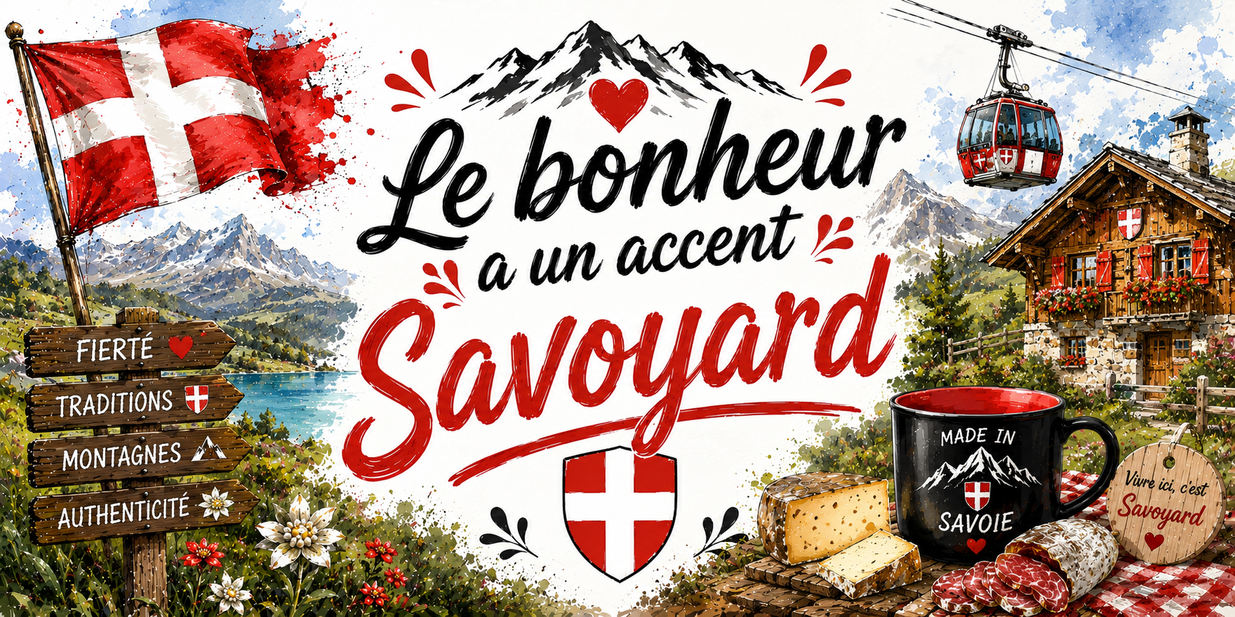 Visuel Le bonheur a un accent savoyard : chalet fleuri, télécabine, mug Made in Savoie et Vivre ici c'est savoyard